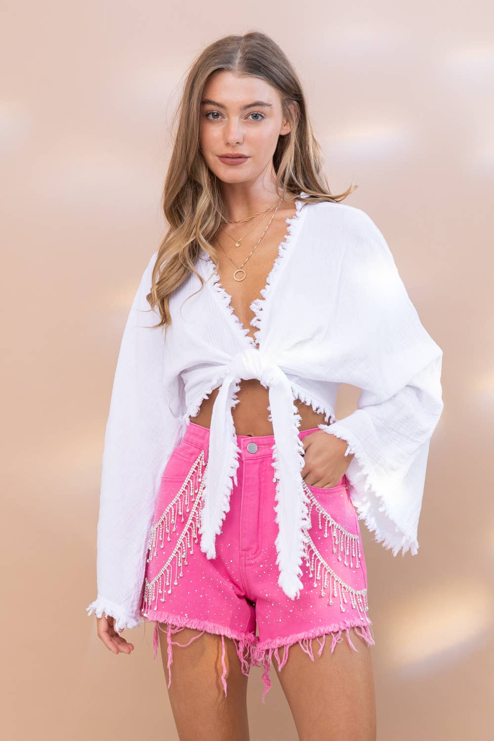 Sprinkle Gem Double Rhinestone Fringe Denim Shorts