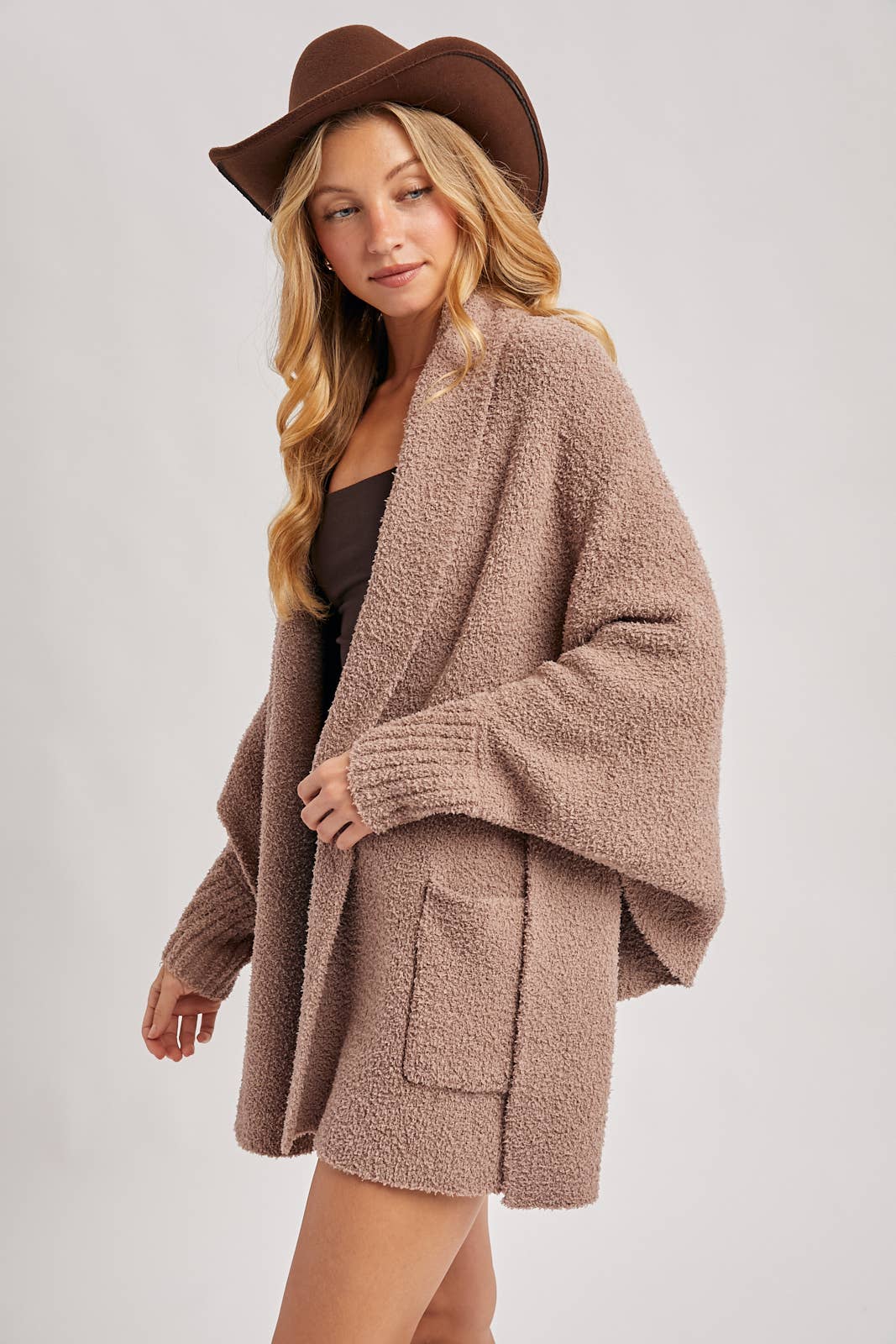 OPEN FRONT BLANKET WRAP BOUCLE KNIT SWEATER CARDIGAN