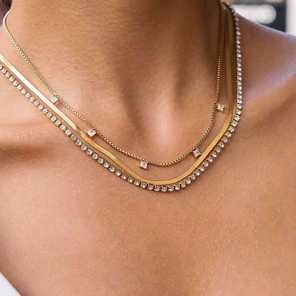 Tennis Herringbone Layer Necklace Water Resistant