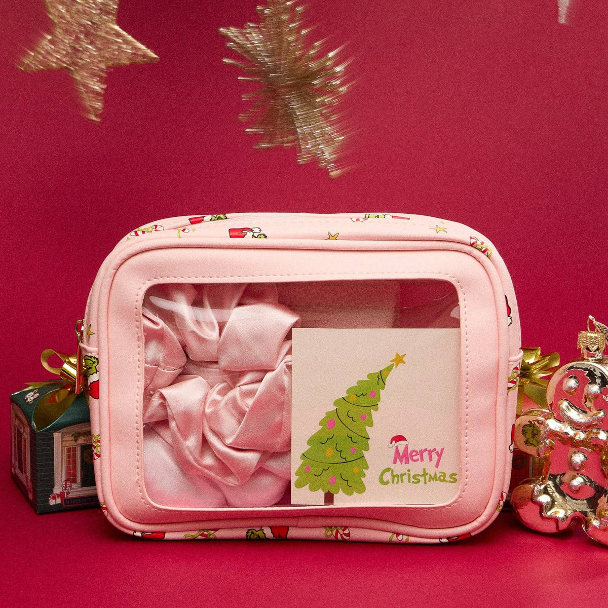 5-Piece Gift Set Cosmetic Pouch Bundle | Green Monster Pink Christmas