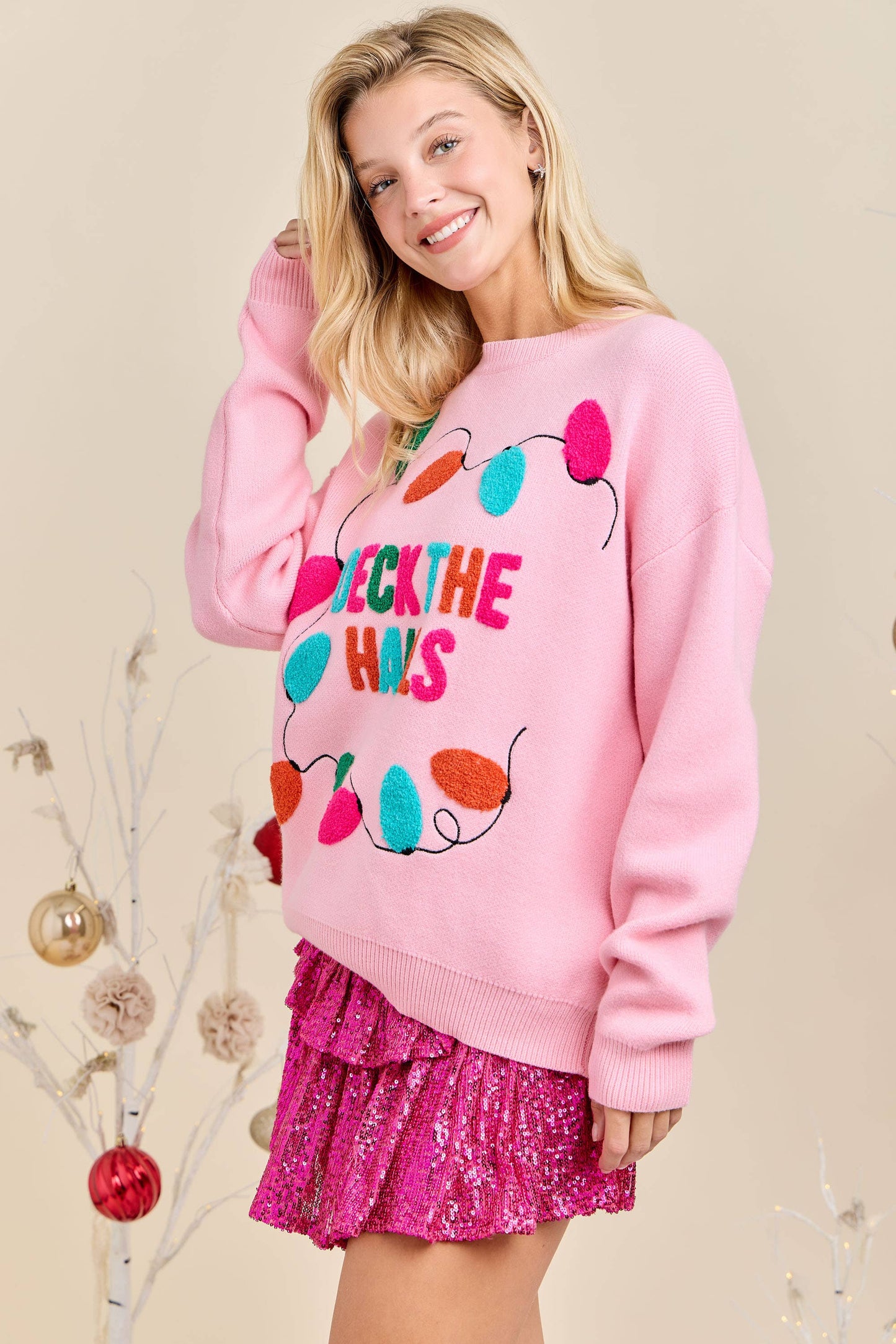 Deck the Halls Pink Christmas Knit Sweater Holiday Pullover