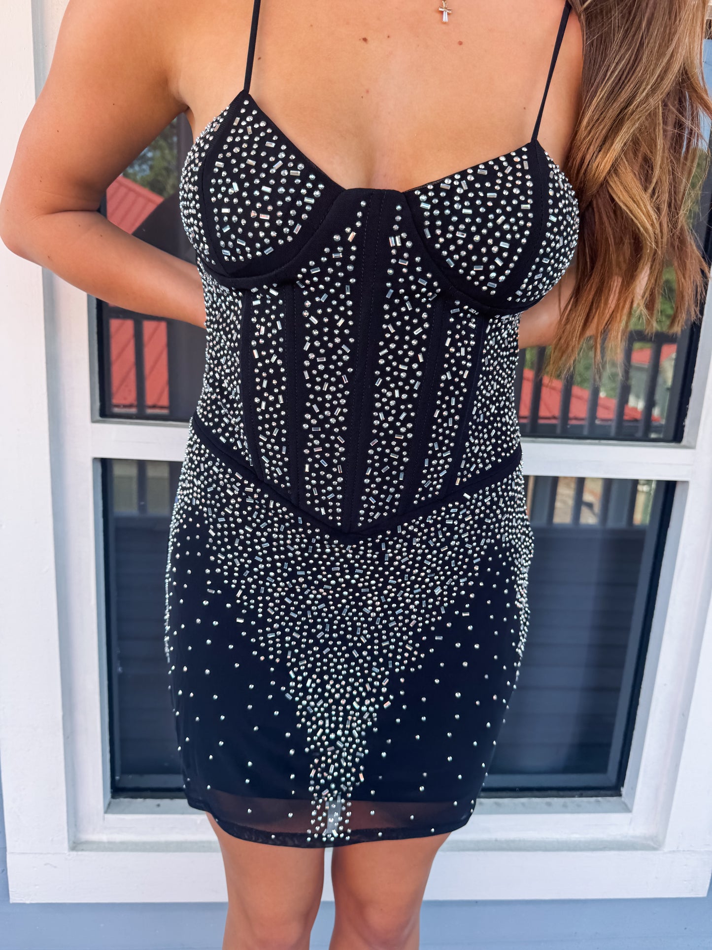 Black Spaghetti Strap Rhinestone Dress
