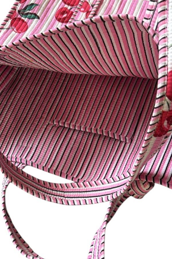 Eliza Pink Striped Cherry Tote Bag