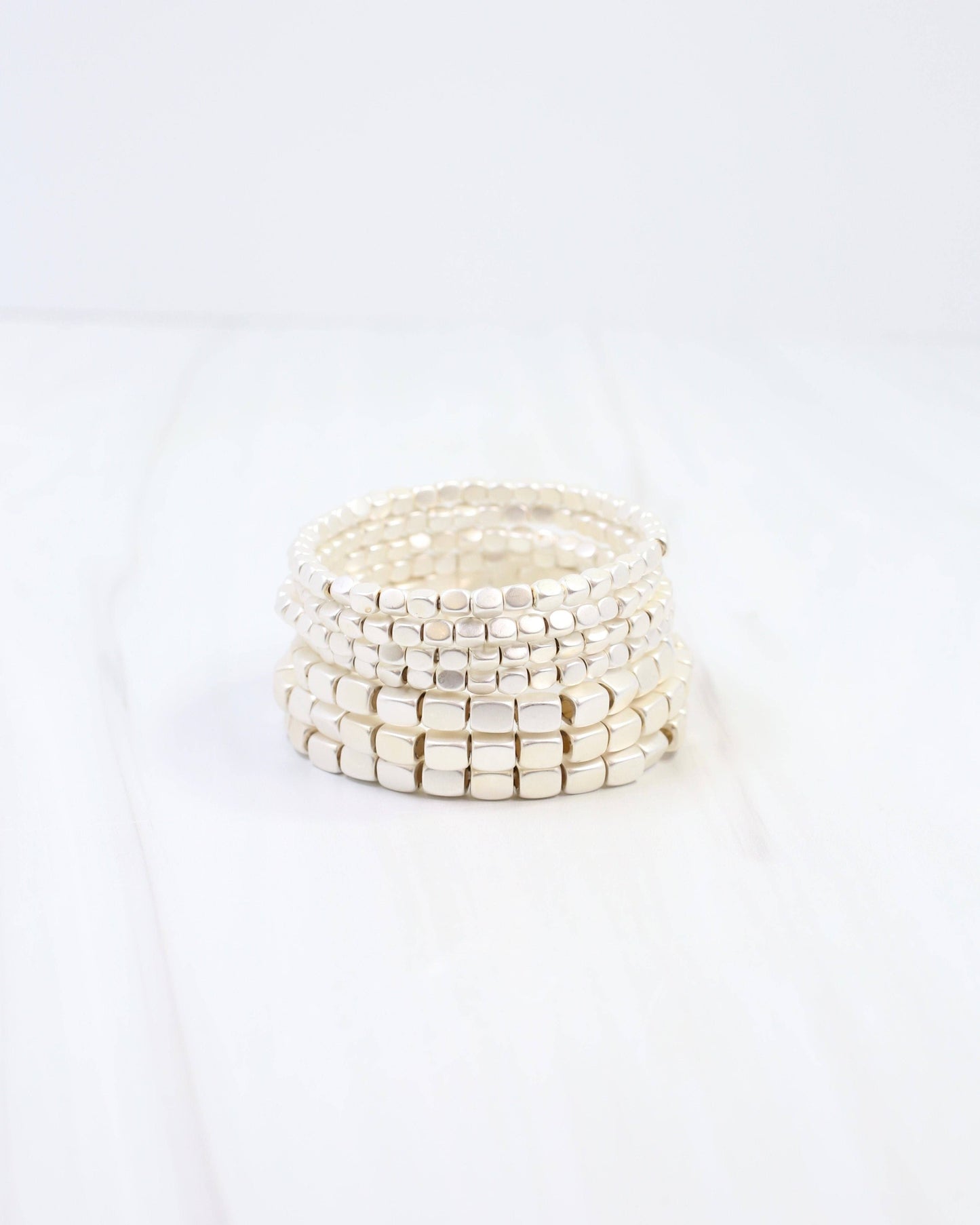 Durham Square Beaded Stretch Bracelet Set Matte Silver