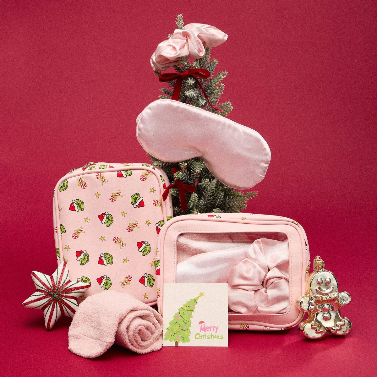 5-Piece Gift Set Cosmetic Pouch Bundle | Green Monster Pink Christmas