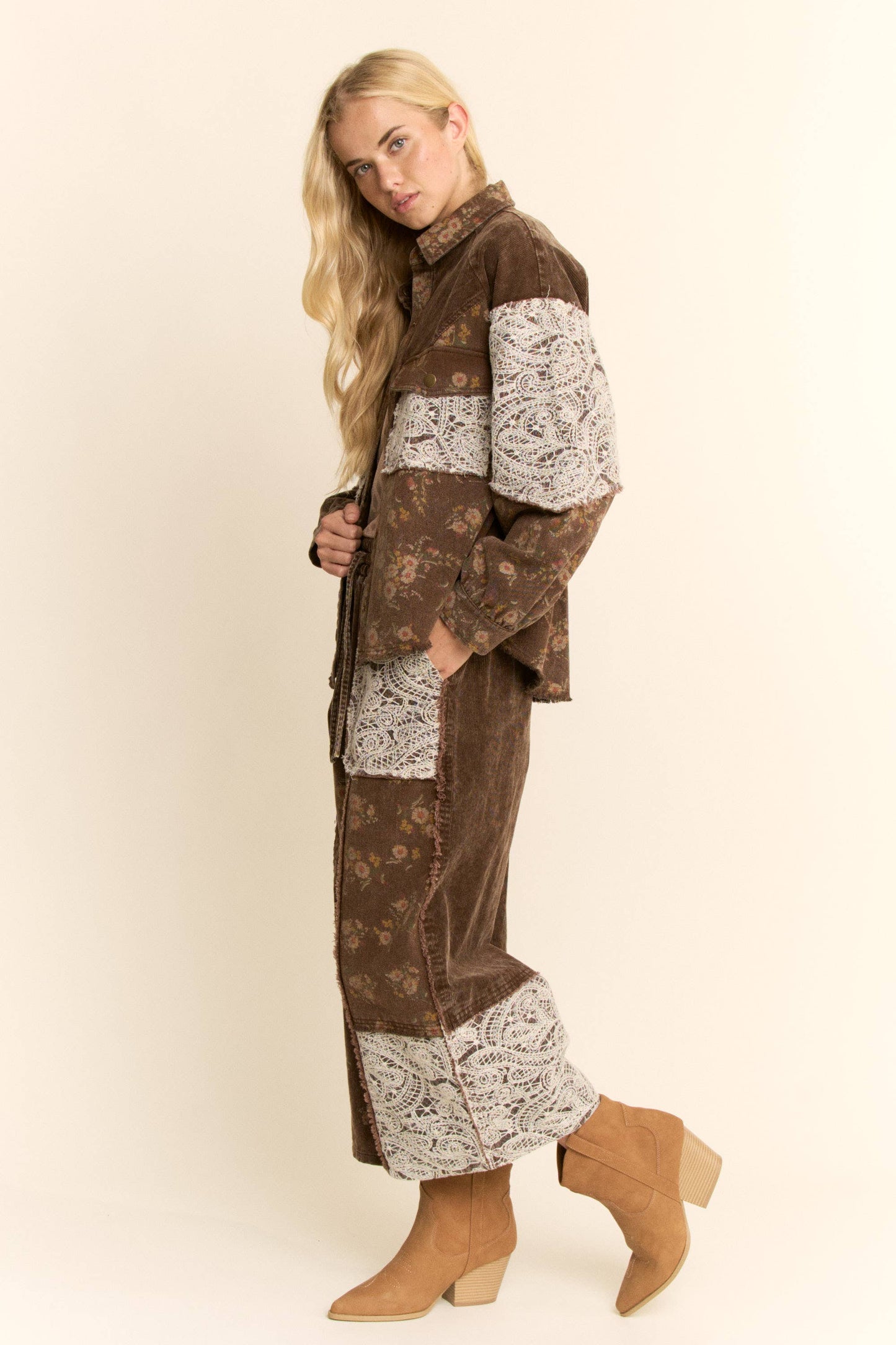 WASHED CORDUROY AND FLOWER DENIM PANTS