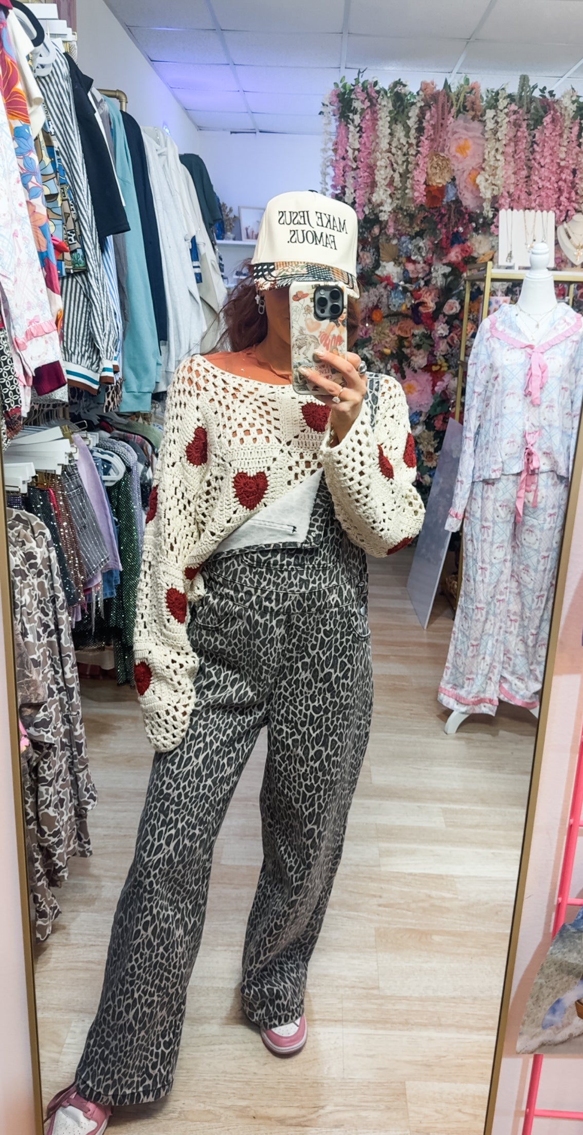 Leopard Print Straight Leg Denim Overalls
