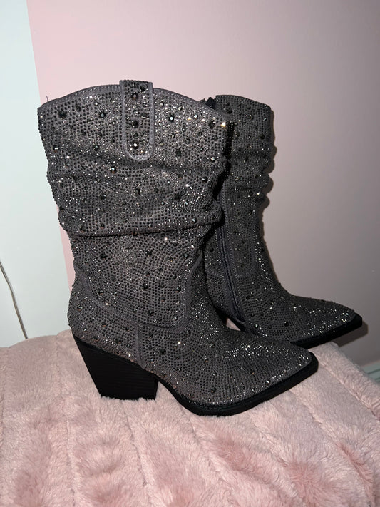 Grey Rhinestone Boots