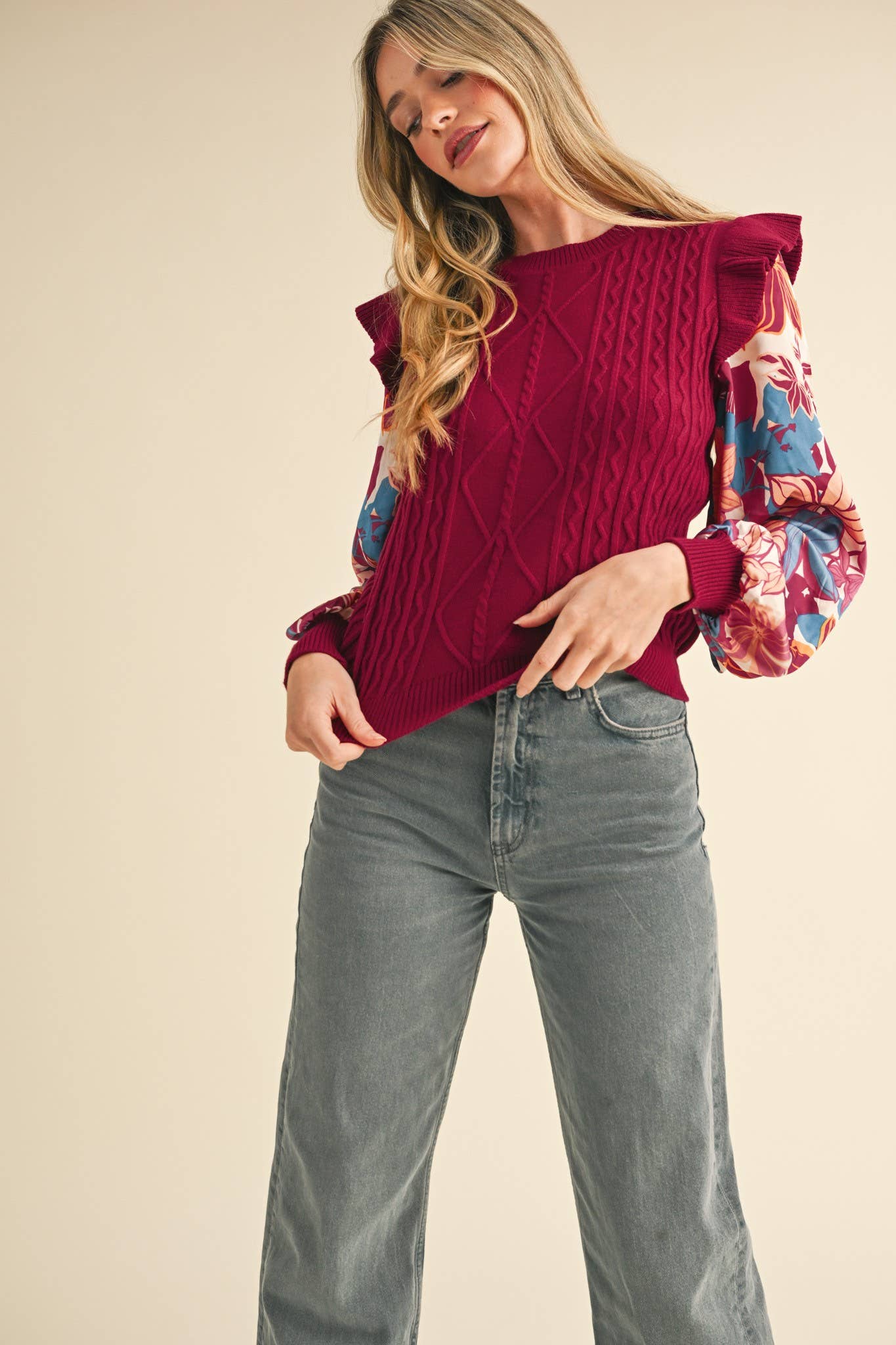 MIXED MEDIA SWEATER TOP WITH WOVEN SLEEVES MSW10749