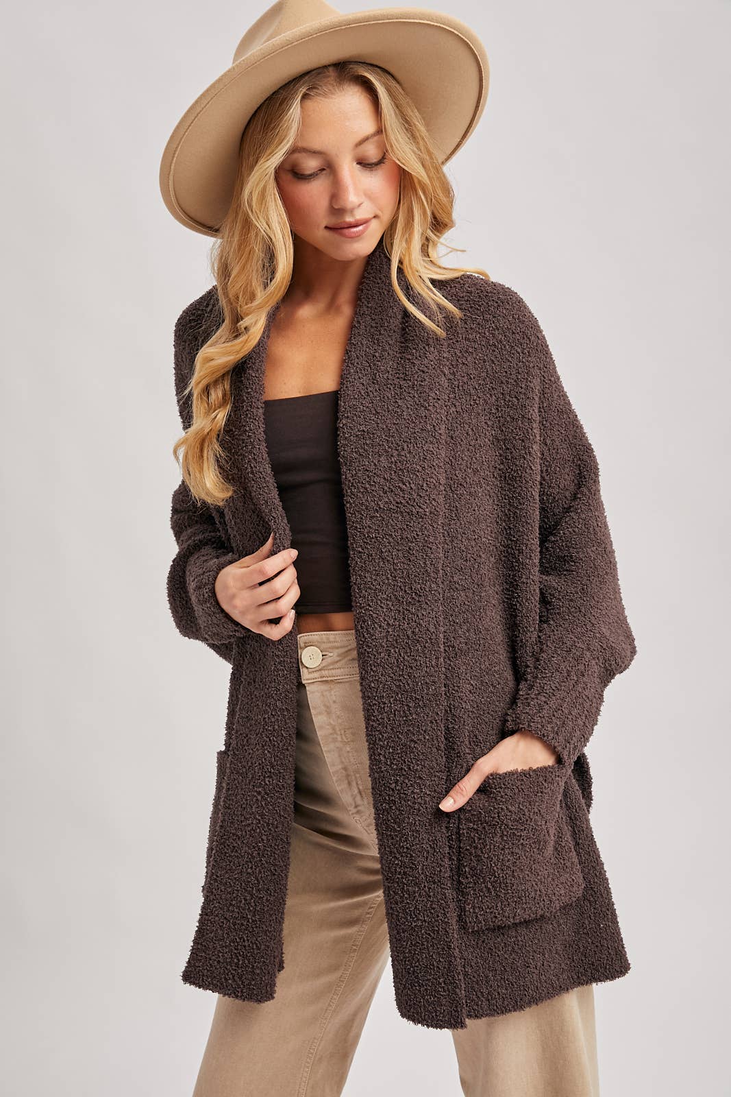 OPEN FRONT BLANKET WRAP BOUCLE KNIT SWEATER CARDIGAN