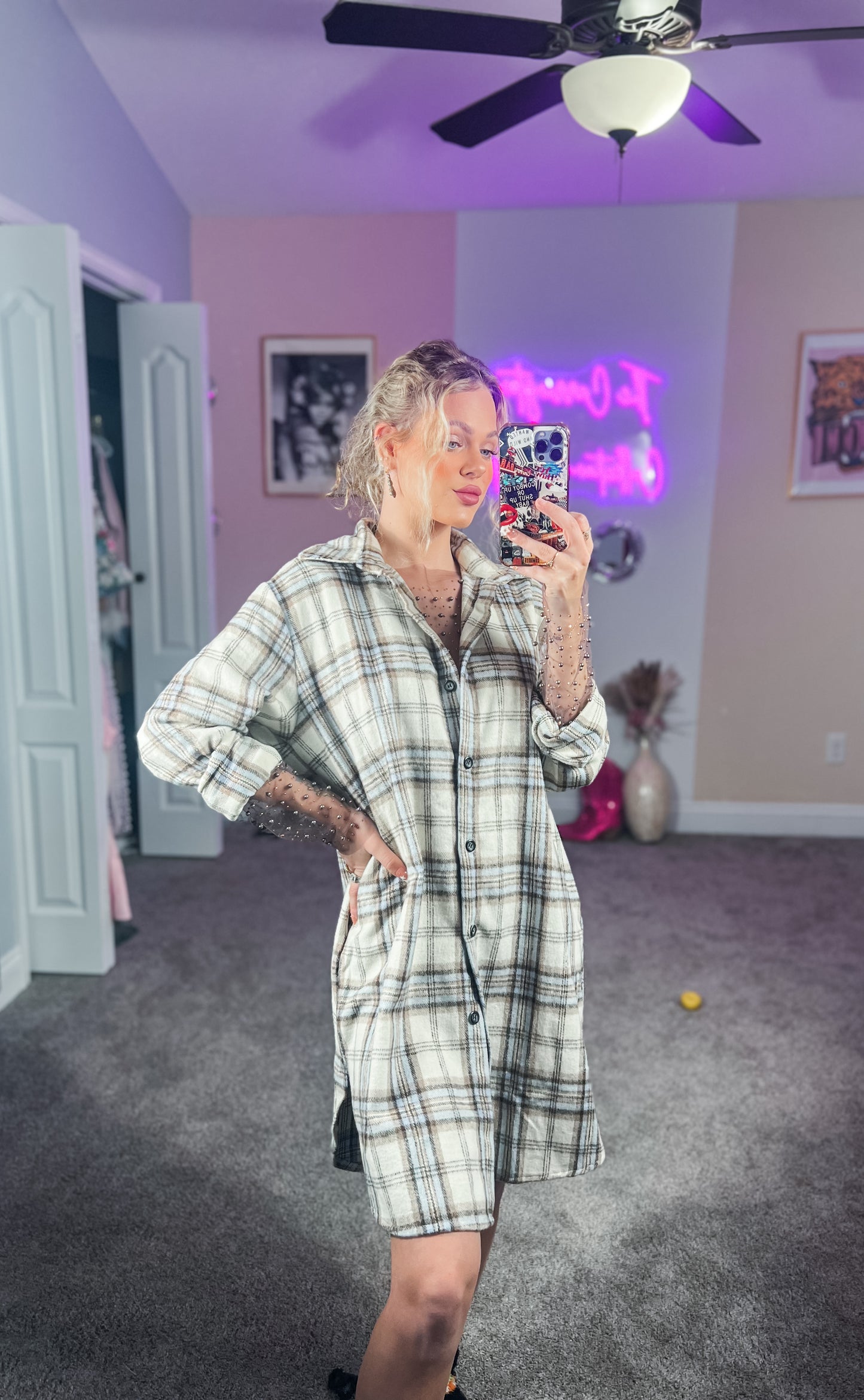 Oversized Tan Blue Flannel