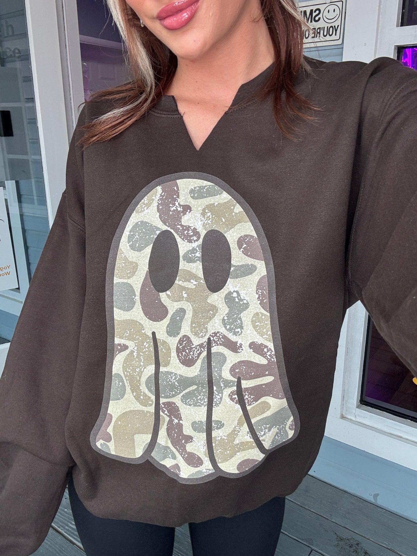 Camo Ghost Split Neck Graphic Crewneck on Dark Chocolate