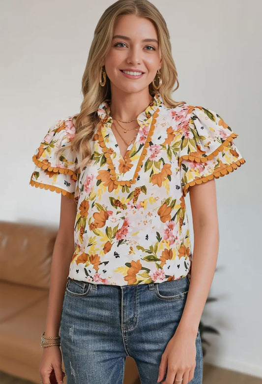 Orange Floral Scalloped Blouse Top