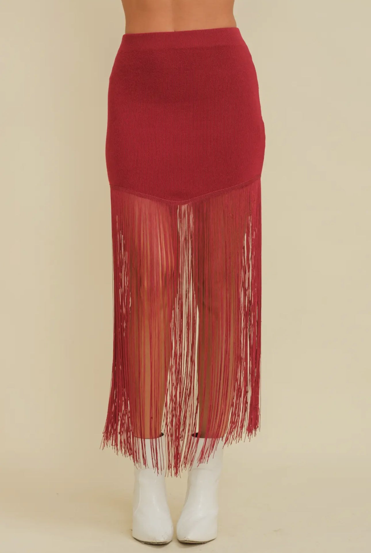 Crimson Knit Fringe Skirt