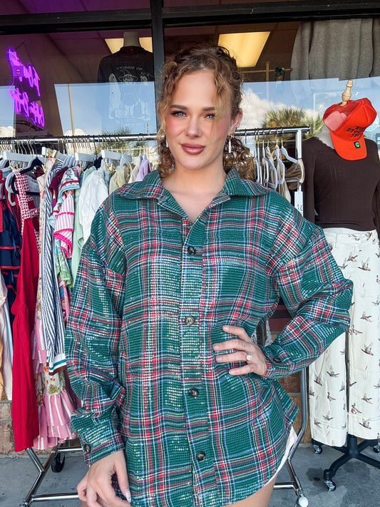 CLEAR SEQUIN PLAID CHRISTMAS SHIRT