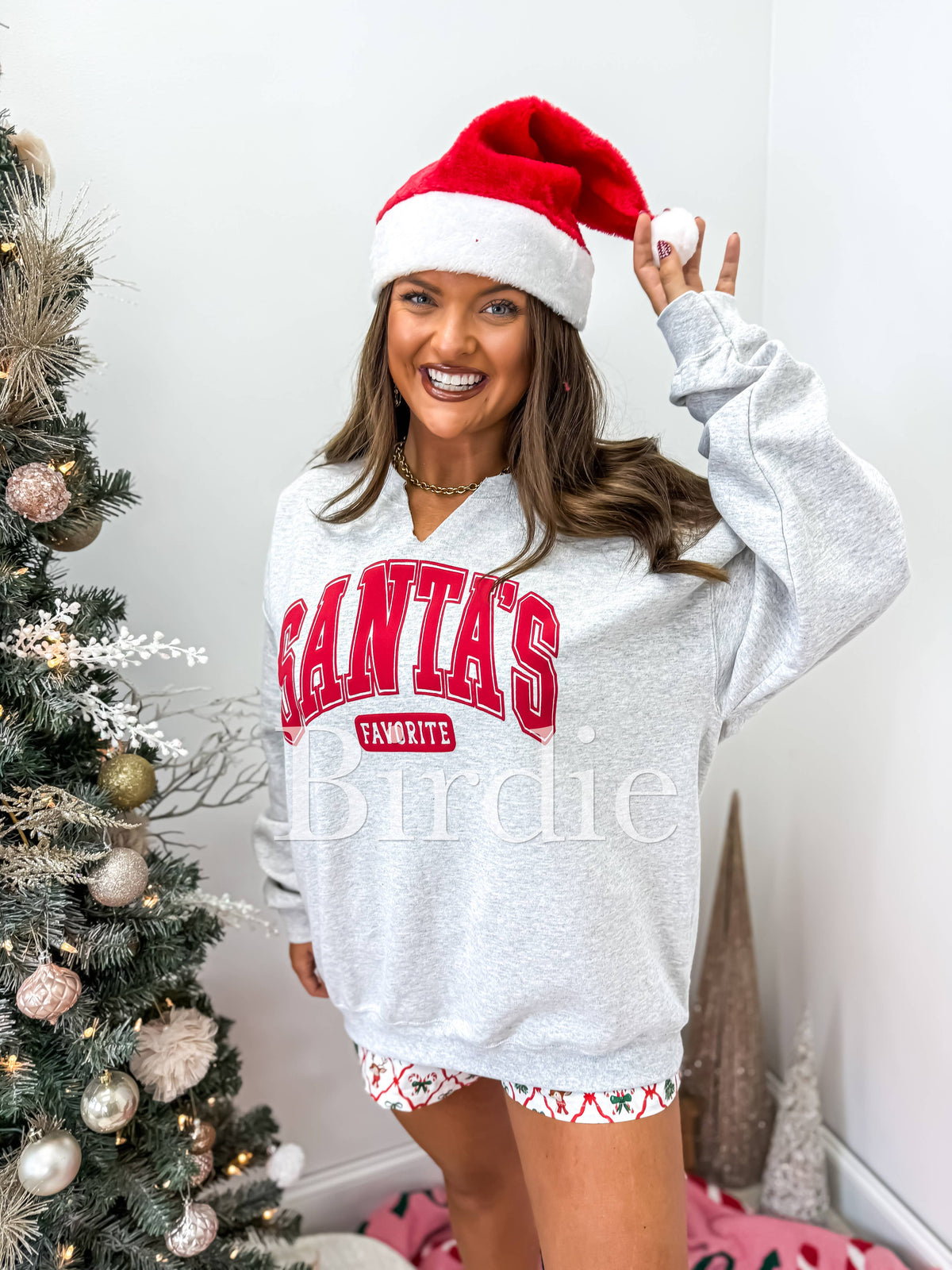 Santa's Favorite Graphic Split Neck Crewneck on Ash Gray