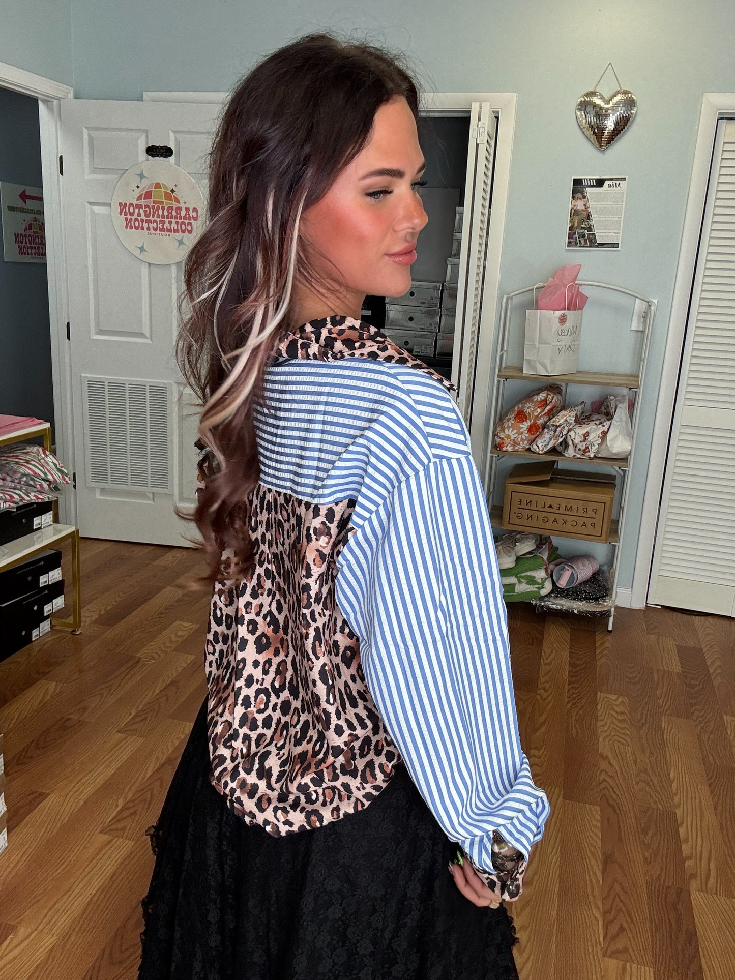 Chic Contrast Leopard & Stripes Long Sleeve  Shirt | S-XL