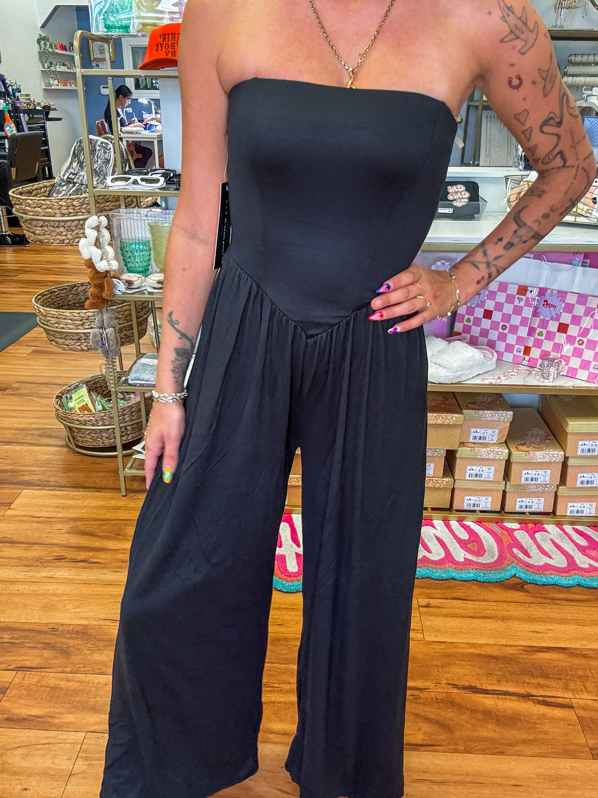 V SHAPE DROP WAIST TUBE JUMPSUIT (Olive & Black)