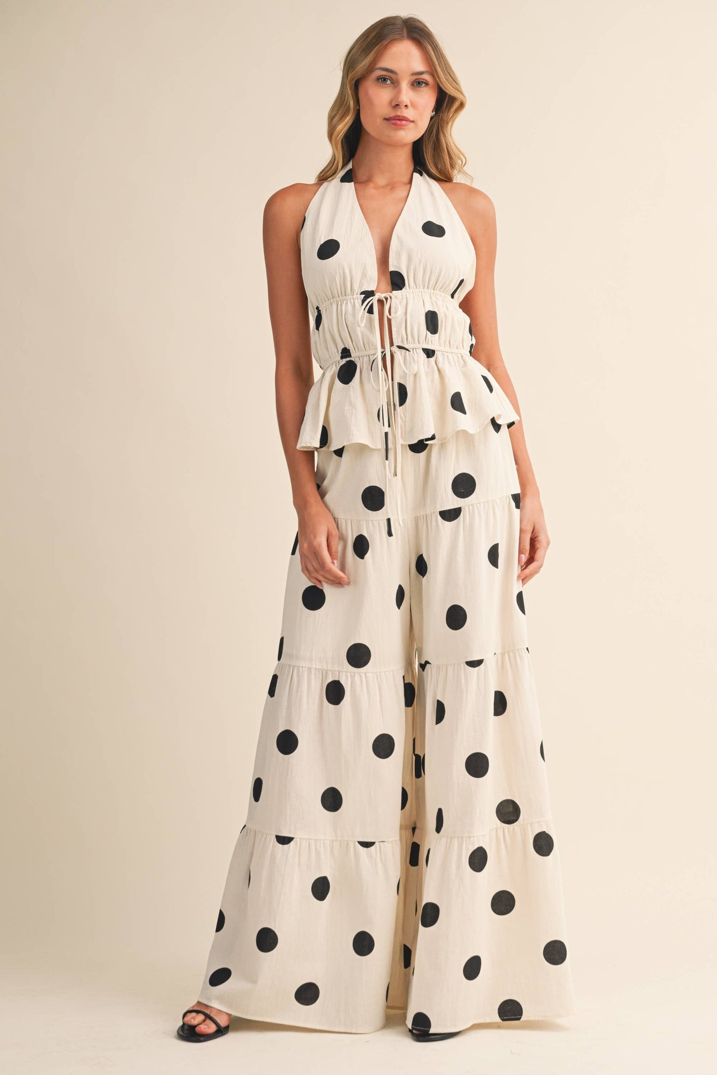 POLKADOT HALTER TIE-FRONT TOP & TIERED WIDE-LEG PANT