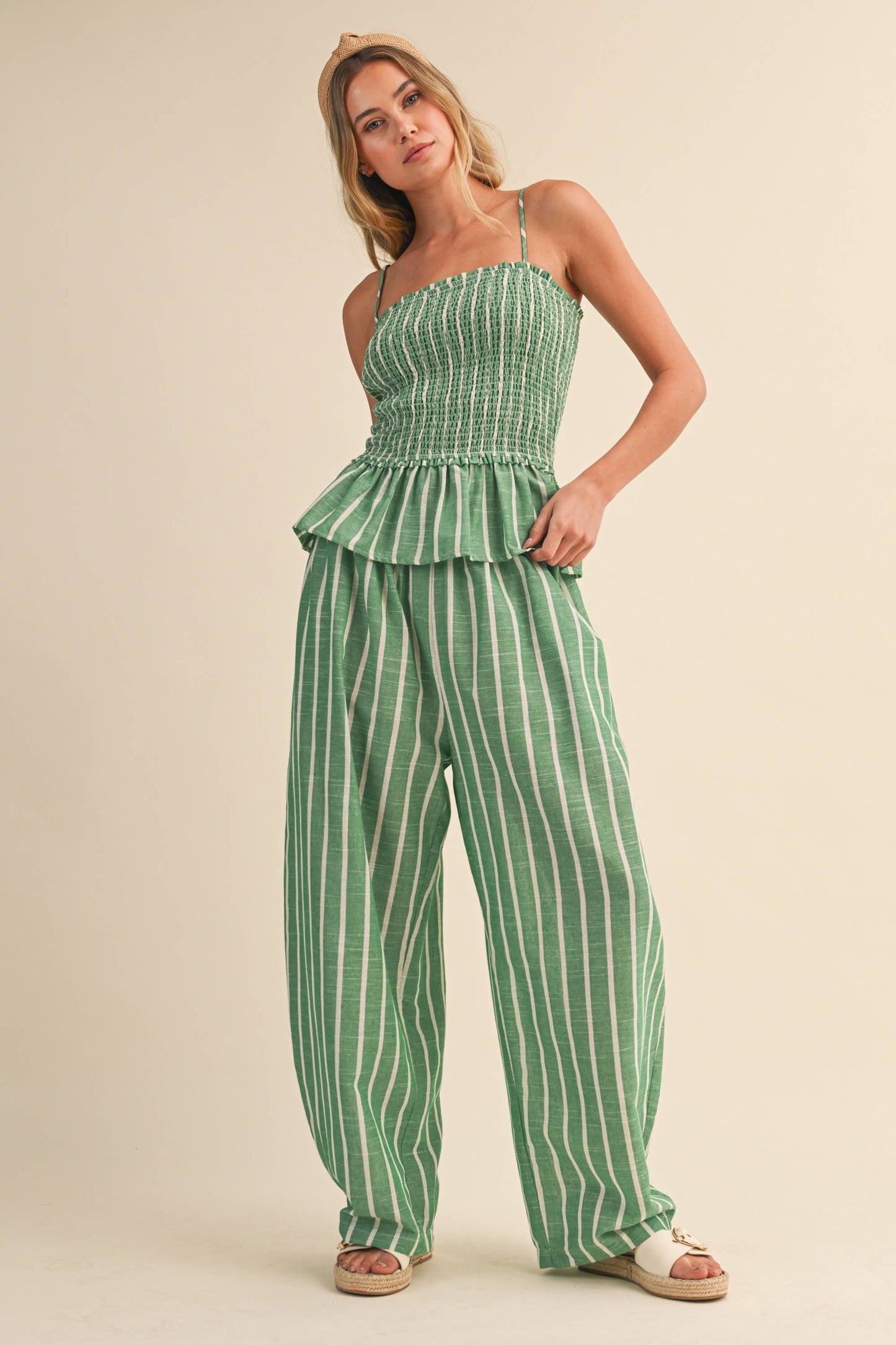 IST6606 STRIPED SMOCKED PEPLUM CAMI TOP AND BARREL PANTS SET