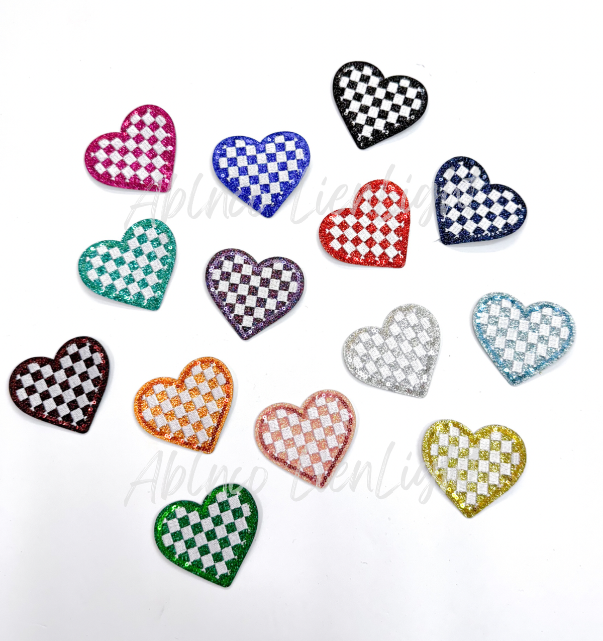 Green checkered heart embroidery glitter sequin patch