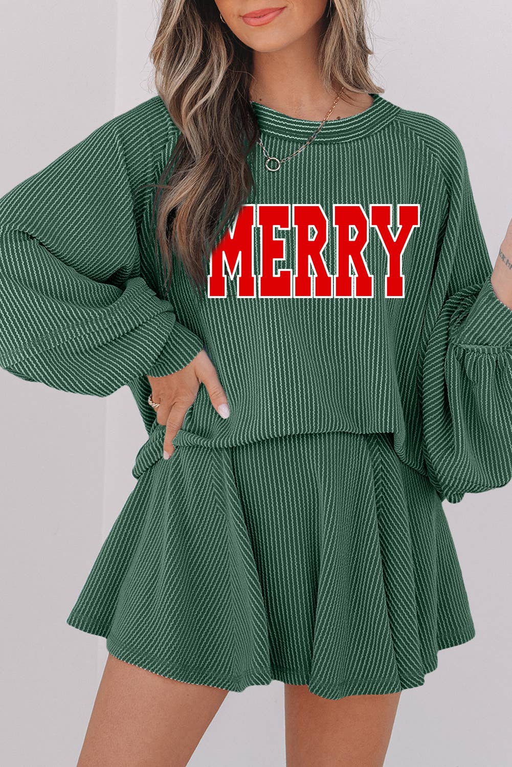 Kylie’s Merry Patch Christmas Graphic Rib Mini Skort Set | S-XL