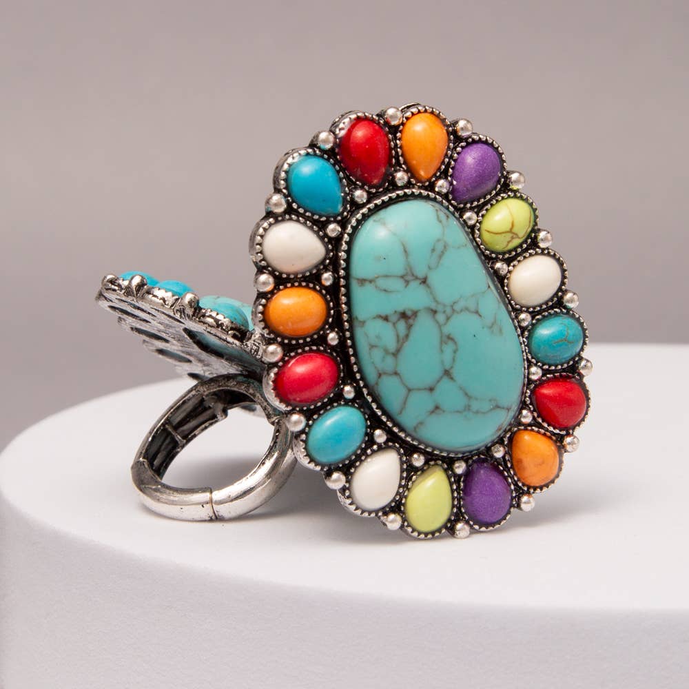 Western Oval Turquoise Stretch Ring with Decorative Frame