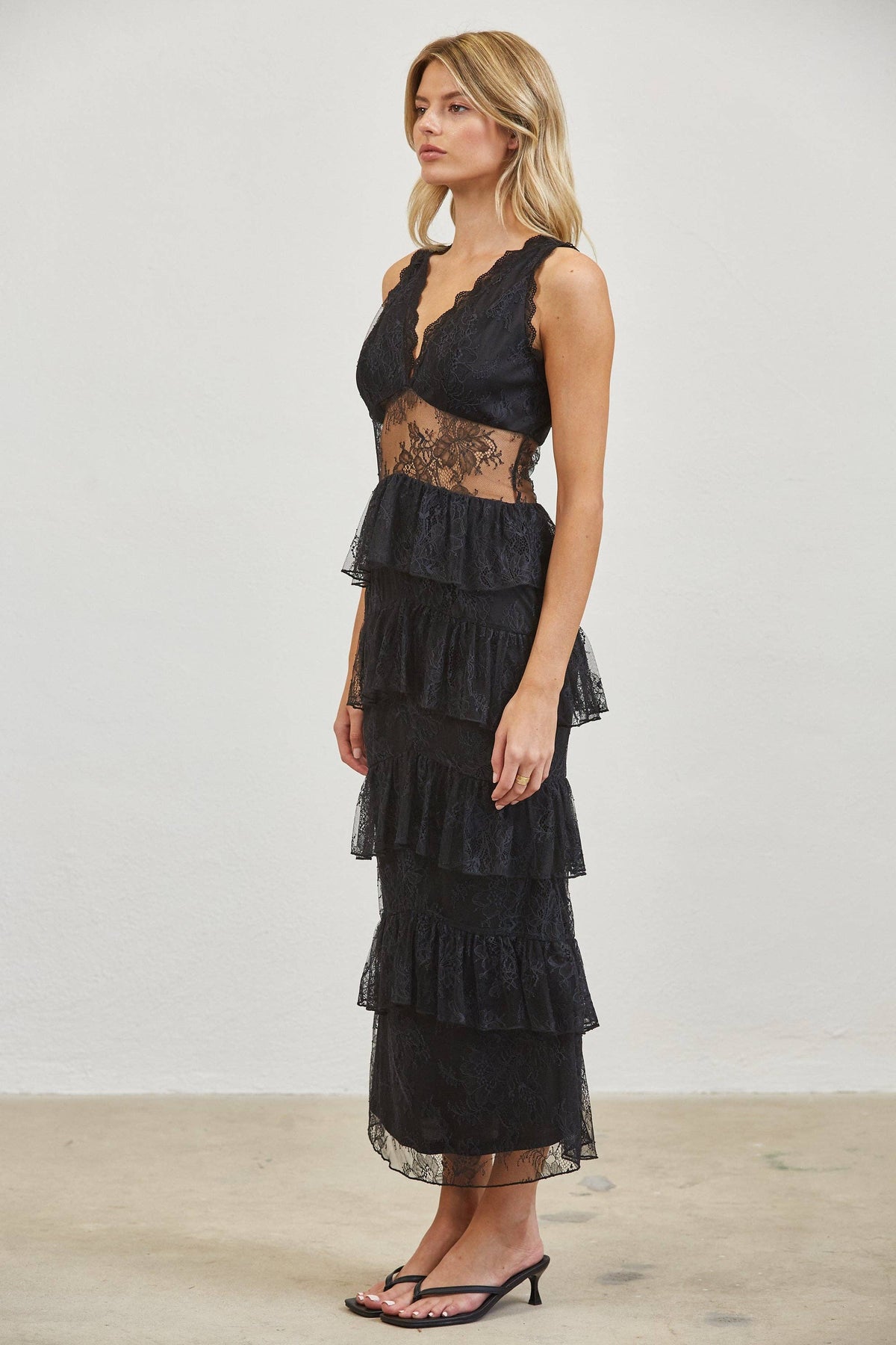 Sheer Lace Waist Tiered Ruffle Midi Dress