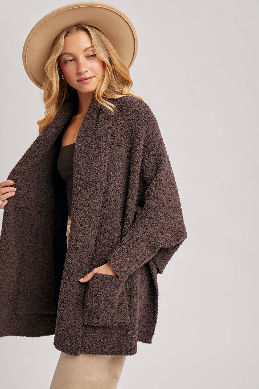 OPEN FRONT BLANKET WRAP BOUCLE KNIT SWEATER CARDIGAN