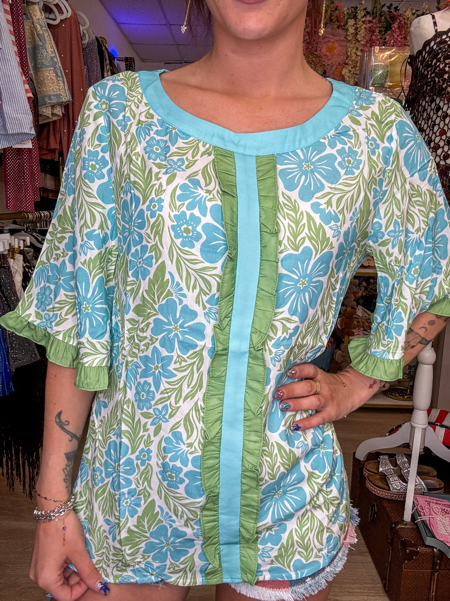 Floral Print Frill Contrast Trim S/S 26 Blouse | S-XL