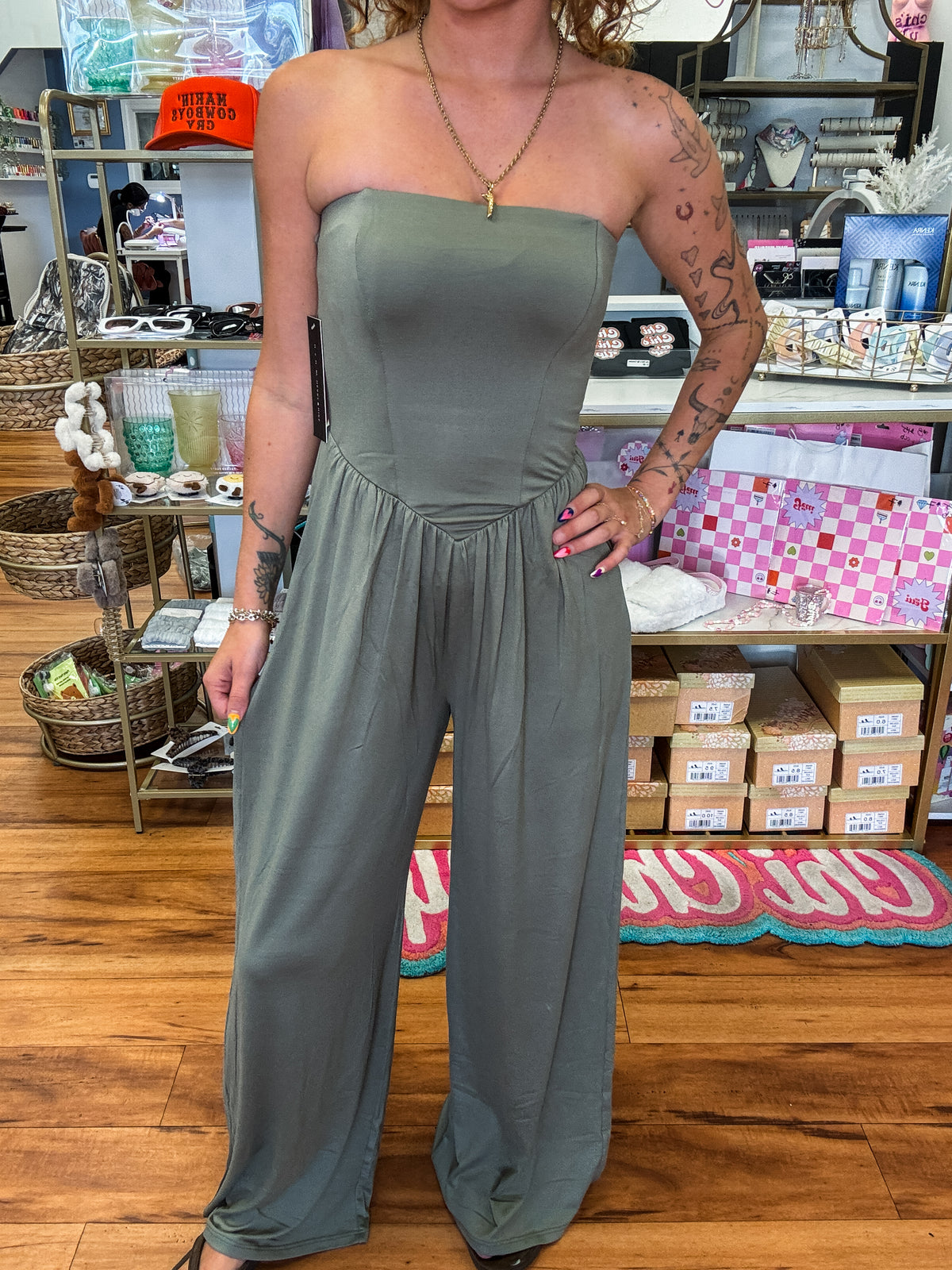 V SHAPE DROP WAIST TUBE JUMPSUIT (Olive & Black)