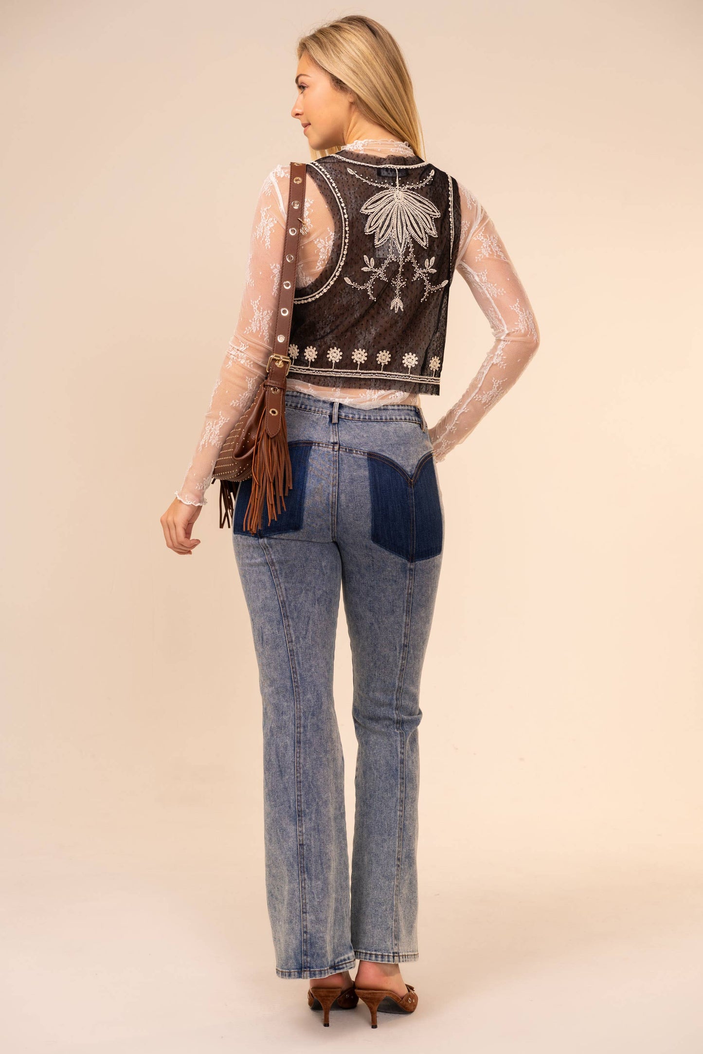 Beaded Tie Front Mesh Vest