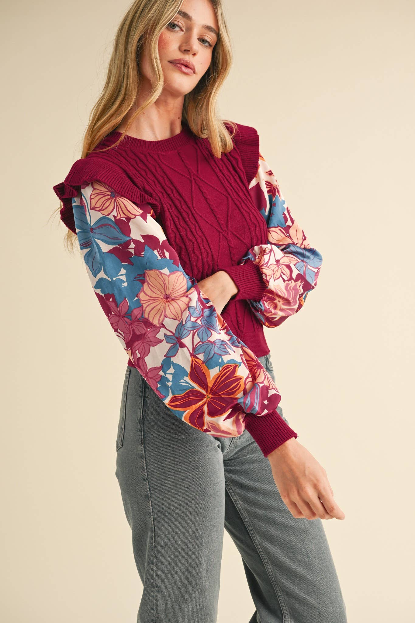 MIXED MEDIA SWEATER TOP WITH WOVEN SLEEVES MSW10749