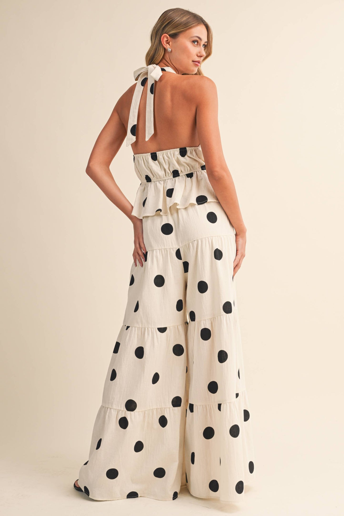 POLKADOT HALTER TIE-FRONT TOP & TIERED WIDE-LEG PANT