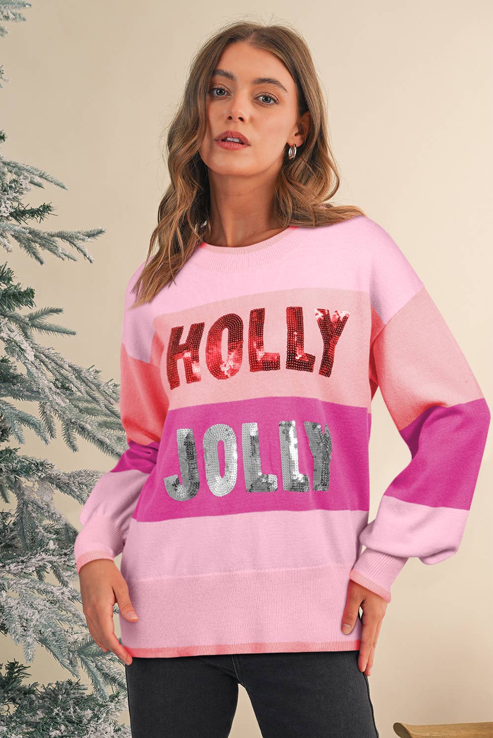HOLLY JOLLY Sequin Patch Colorblock Sweater | S-XL