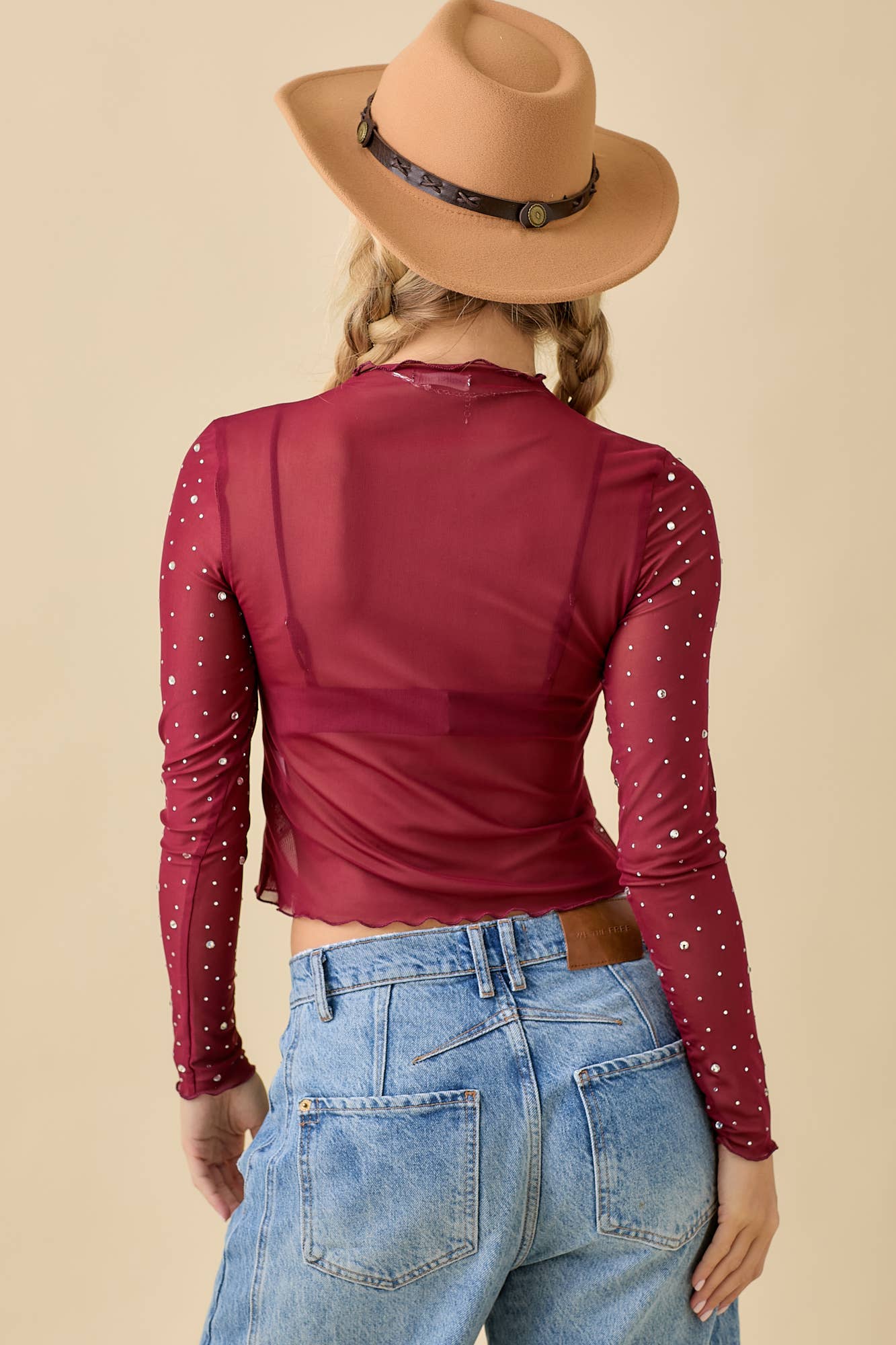 Rhinestone Trim Long Sleeve Mesh Top