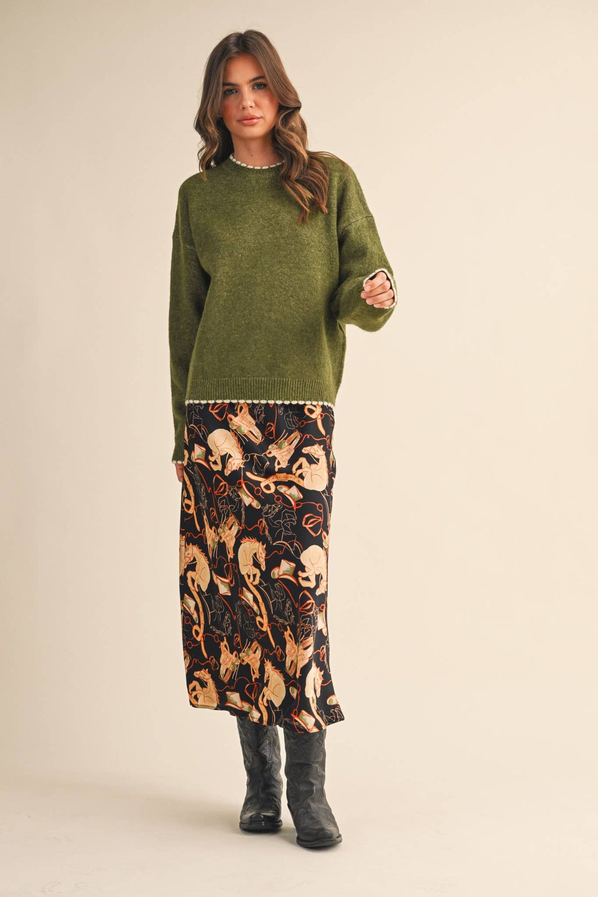 CONTRAST KNIT SCALLOPED EDGE SWEATER MSW11114