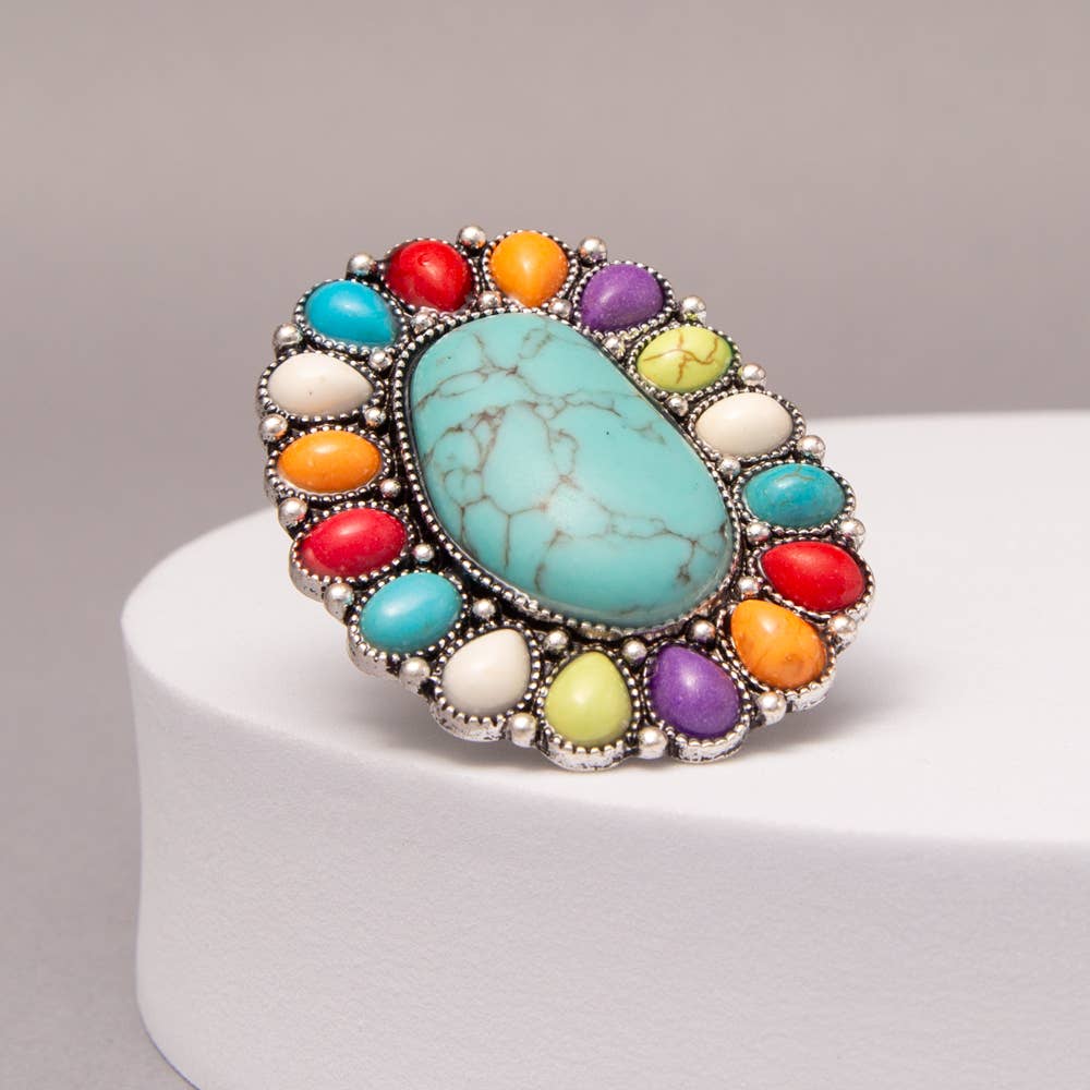 Western Oval Turquoise Stretch Ring with Decorative Frame