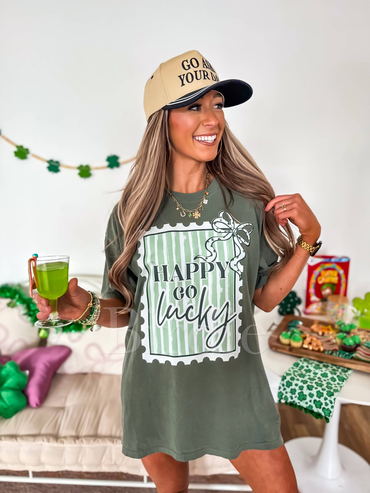 Happy Go Lucky Graphic Tee on Moss Green