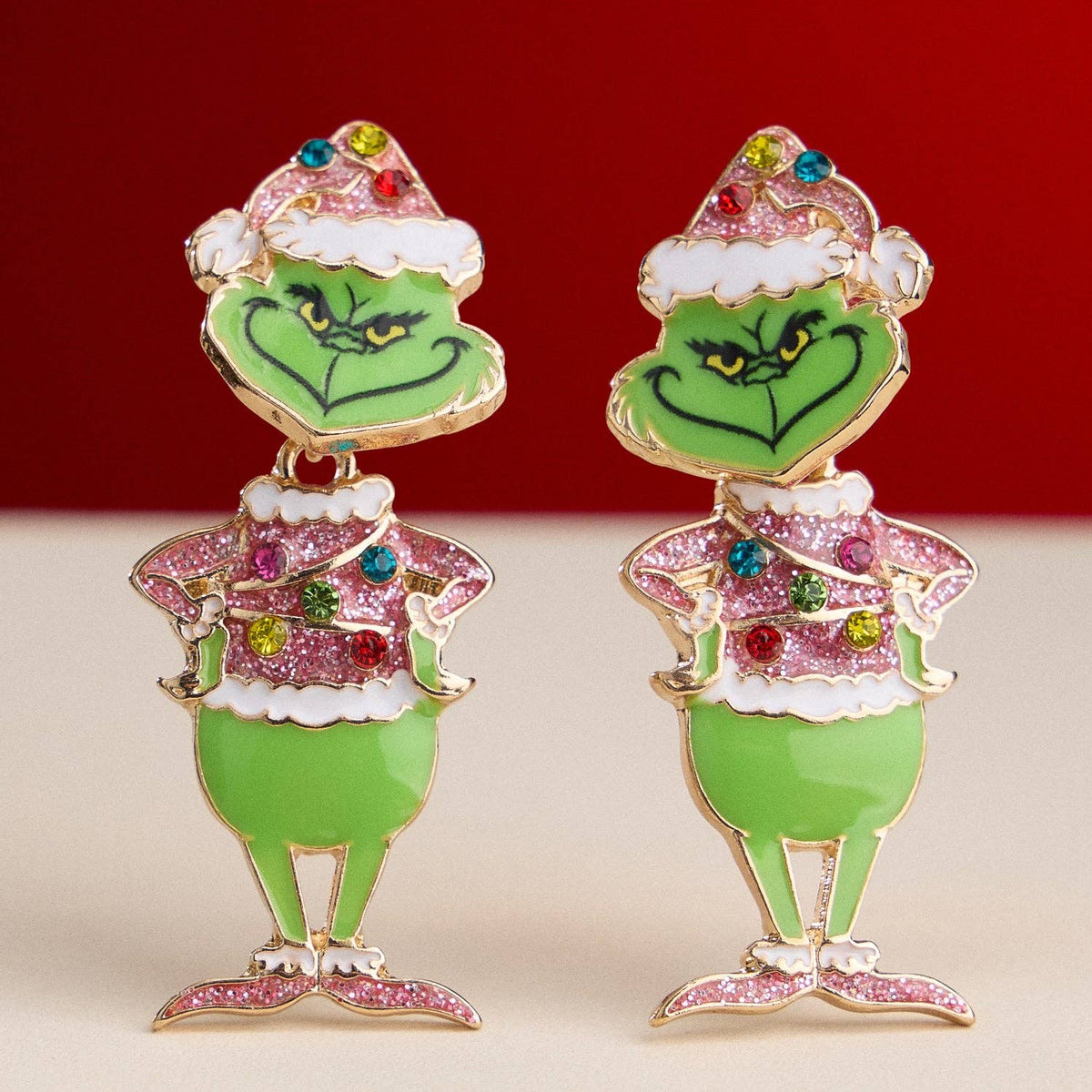 Enamel Green Monster Drop Earrings | Glitter Holiday Character