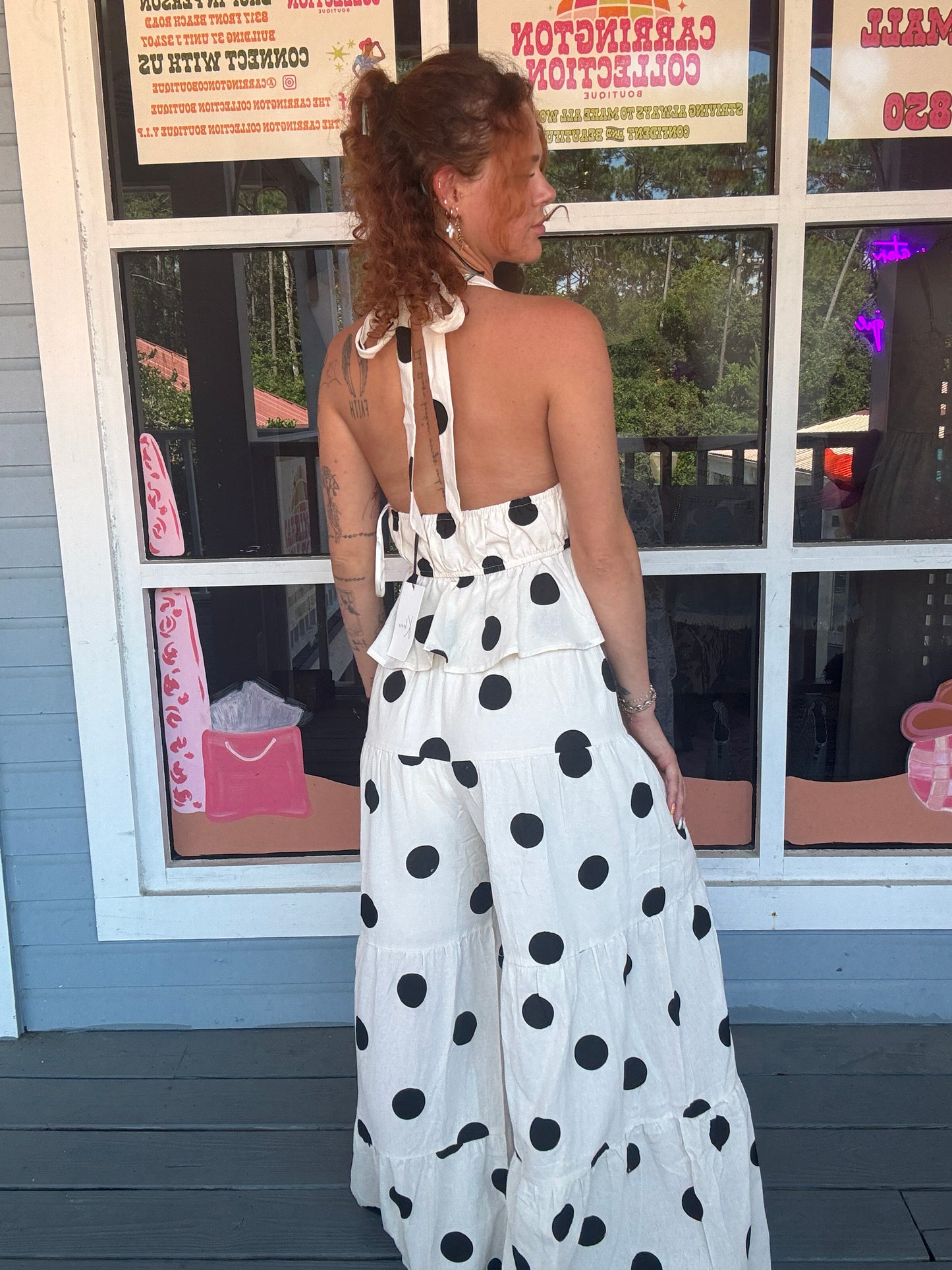 POLKADOT HALTER TIE-FRONT TOP & TIERED WIDE-LEG PANT
