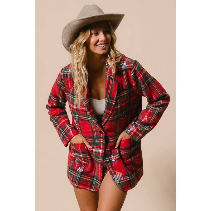 Christmas Brushed Plaid Sequin Patch Jacket