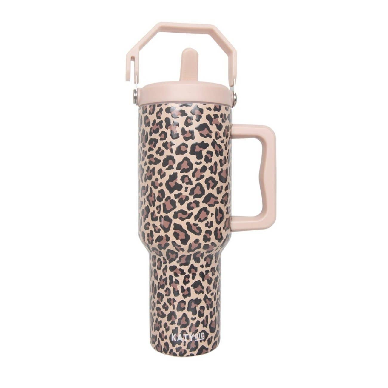 Brown Leopard Metal Tumbler with Lid Handle