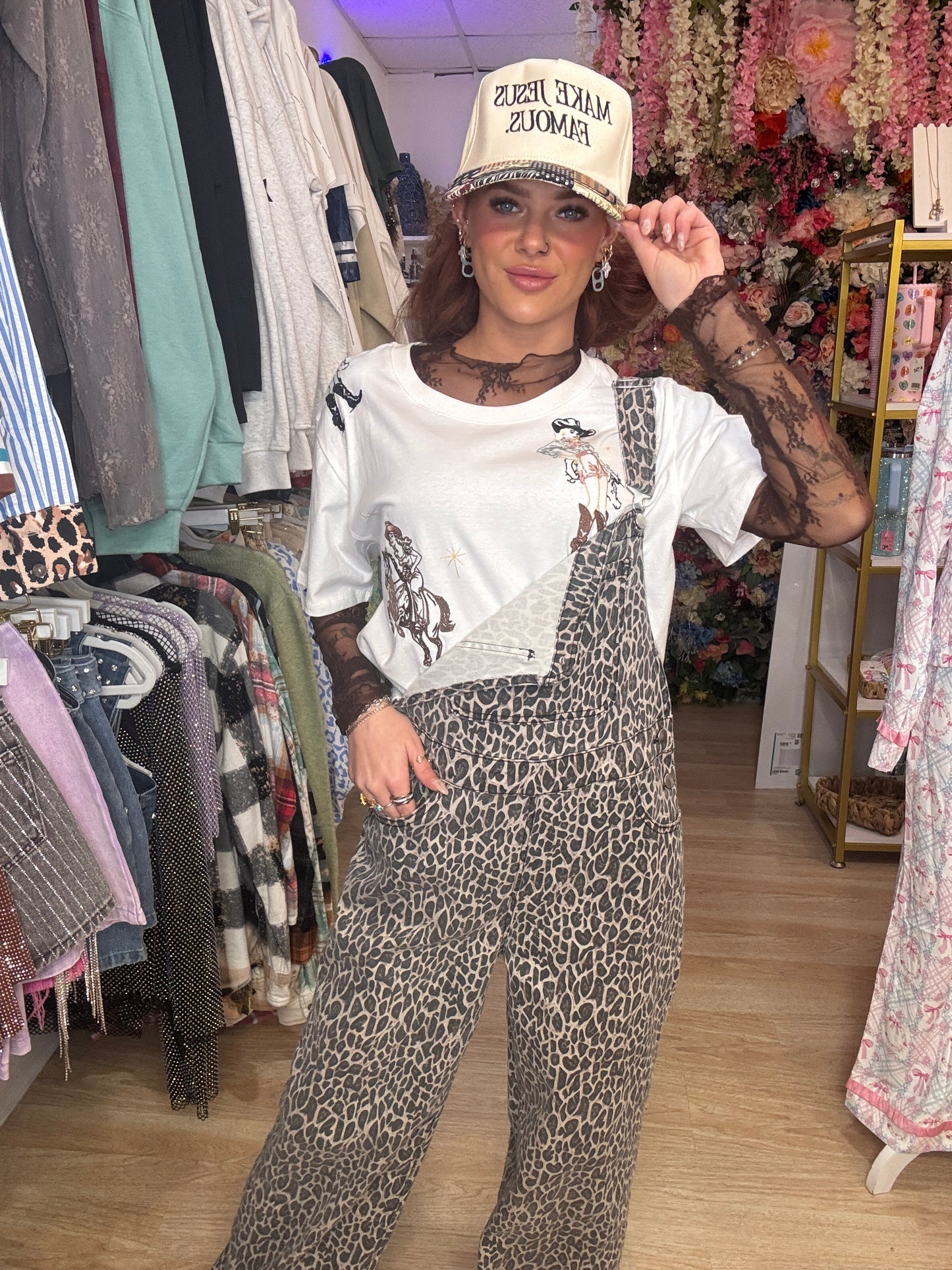 Leopard Print Straight Leg Denim Overalls