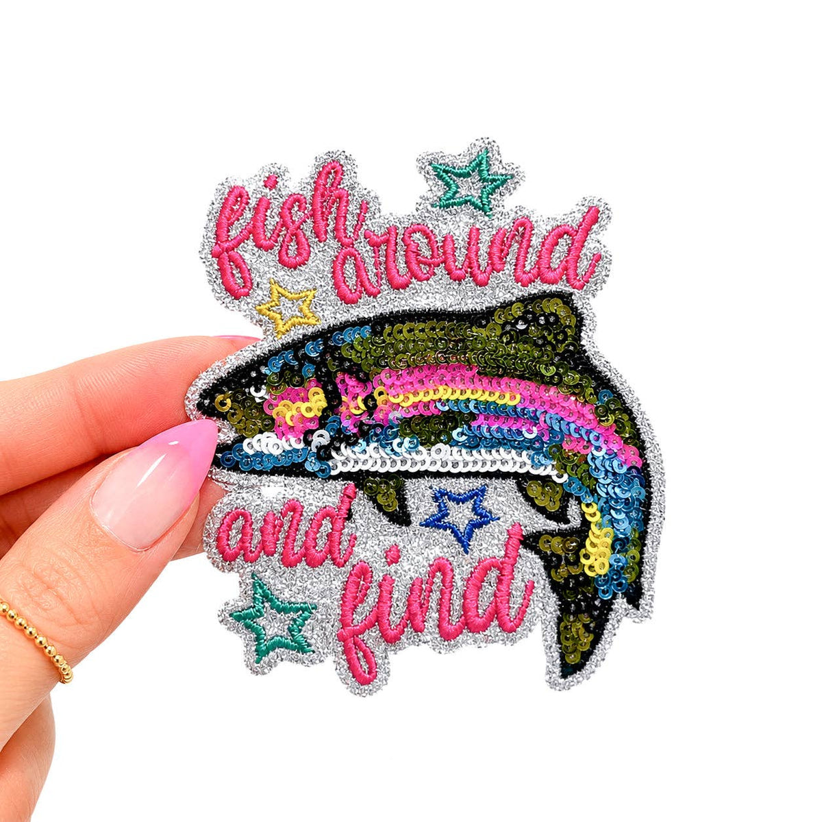 Fish Around Find Trout Sequin Embroidery Patch