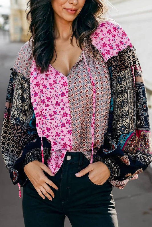 Boho Mixed Floral Patch Bubble Sleeve Blouse | S-XL