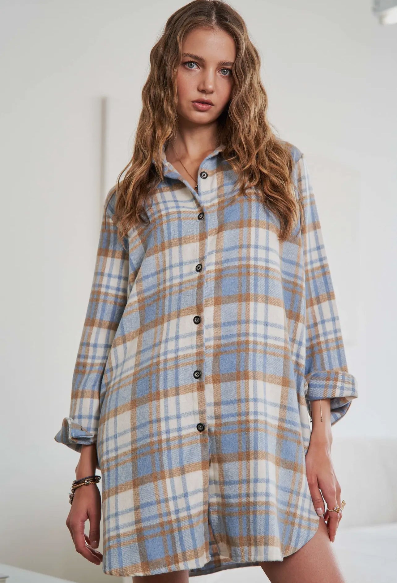 Oversized Tan Blue Flannel