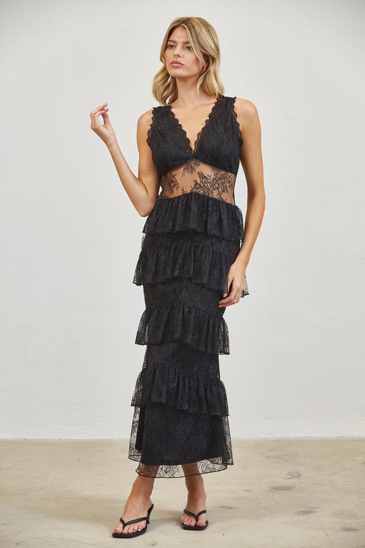 Sheer Lace Waist Tiered Ruffle Midi Dress