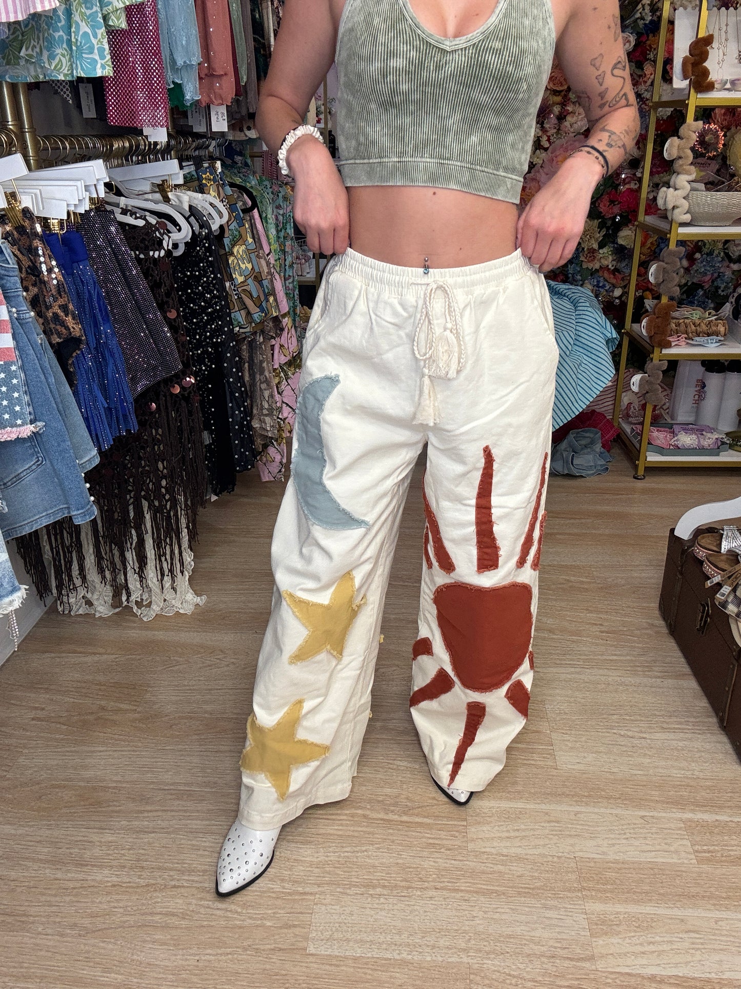 Sun Moon Star Patch Wide Pants