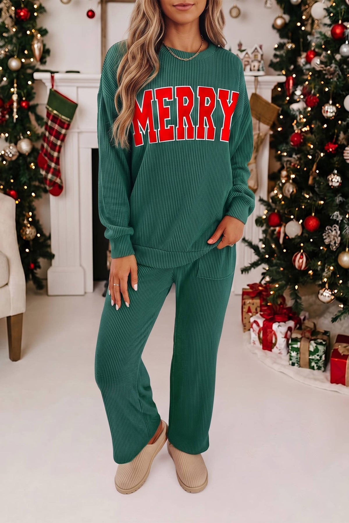 MERRY Christmas Graphic Corded Pants Set | S-XL
